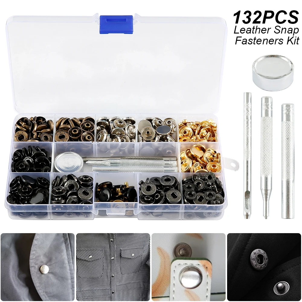 132pcs Leather Snap Fasteners Kit 6 Colors Metal Snap Buttons Press Studs 4 Pieces Fixing Tools Storage Box for DIY Supplies