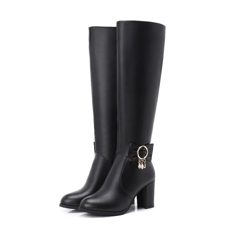 Женские ботинки осенне-зимняя теплая обувь на высоком каблуке мотоциклетные сапоги до колена из Pu искусственной кожи пикантная Новая модная белая обувь на молнии с бантом-бабочкой - Цвет: black pu