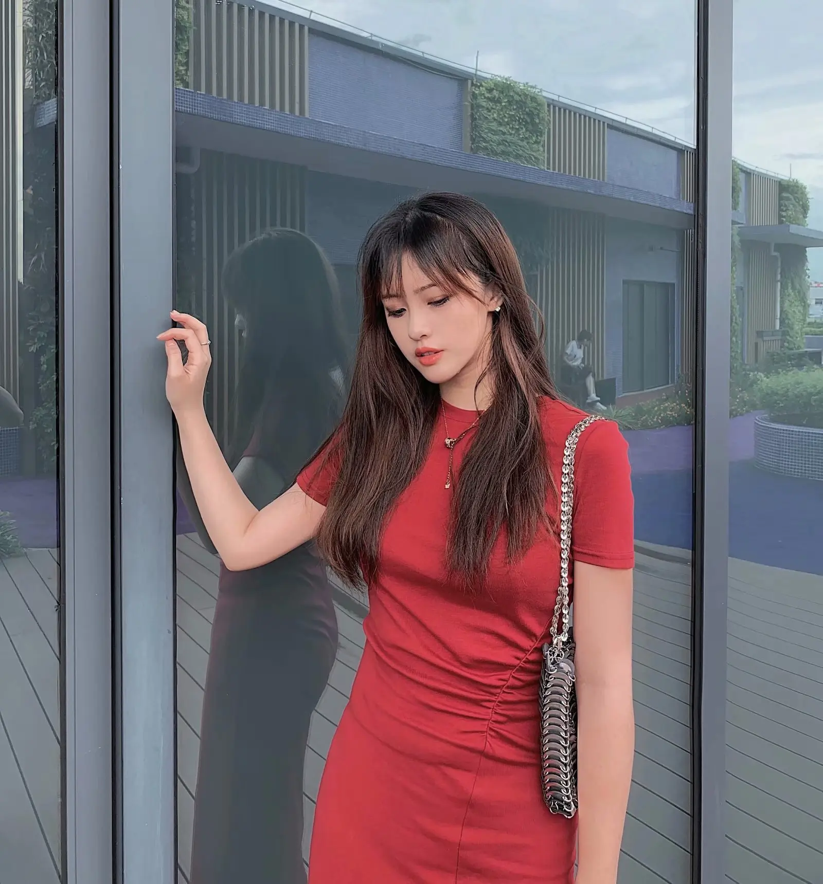 

Western Style 2019 Autumn New Style Women's Dress Versitile Fashion Slim Fit Slimming Solid Color Short Sleeve Pleated Slit Dres