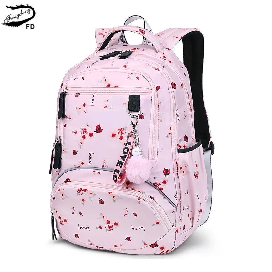 pink flower FengDong Детский водонепроницаемый школьный рюкзак для девочек, школьные сумки, милый рюкзак для ноутбука с принтом в виде шариков, Детские рюкзаки, школьный рюкзак - Цвет: pink flower