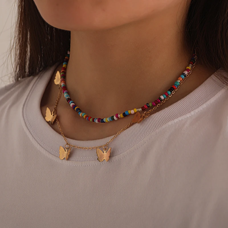 Bohemian Fashion Silver/Gold-Color Butterfly Beaded Necklaces For Women Beads Choker Necklace