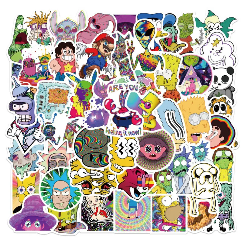 10/30/52Pcs  Psychedelic aesthetic mixed cartoon character  Skateboard Travel Suitcase Phone Laptop Luggage Stickers DIY Kids 10 30 50pcs mixed horror series skull zombie cartoon stickers bike skateboard guitar laptop luggage waterproof joke stickers