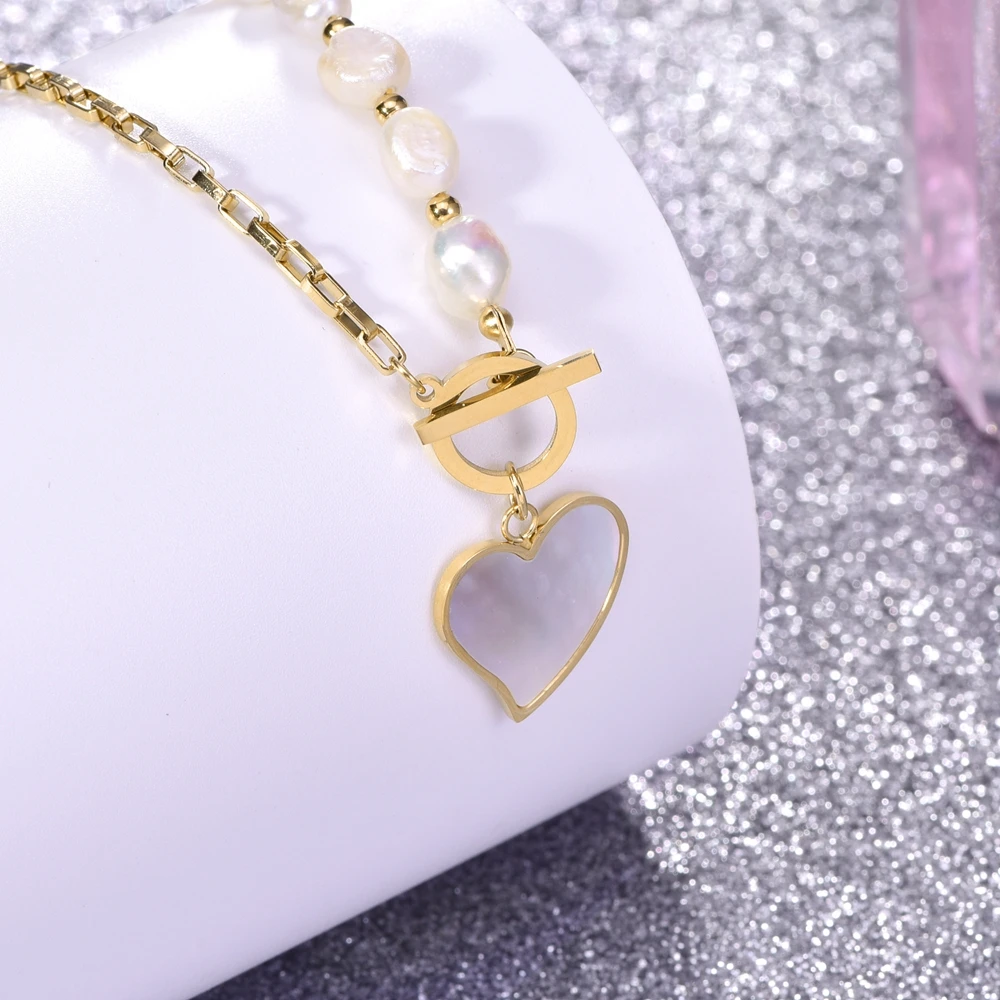 

SDA Vintage Lrregular Nature Freshwater Pearls And Heart Shape Shells NecklacesFor Women Jewelry