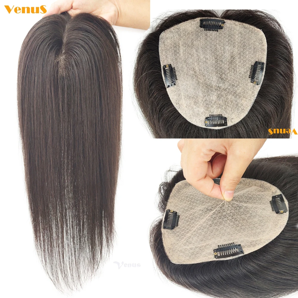 Topper de cabello humano virgen para mujer, piezas de cabello humano con Clip en la parte superior de seda perimetral, cierre de Base de piel transpirable europea, 12x13CM