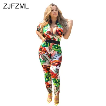 

Sexy Leaves Print Bodycon Rompers Womens Jumpsuit Short Sleeve Zipper Front Bandage Bodysuit Stand Collars One Piece Overalls