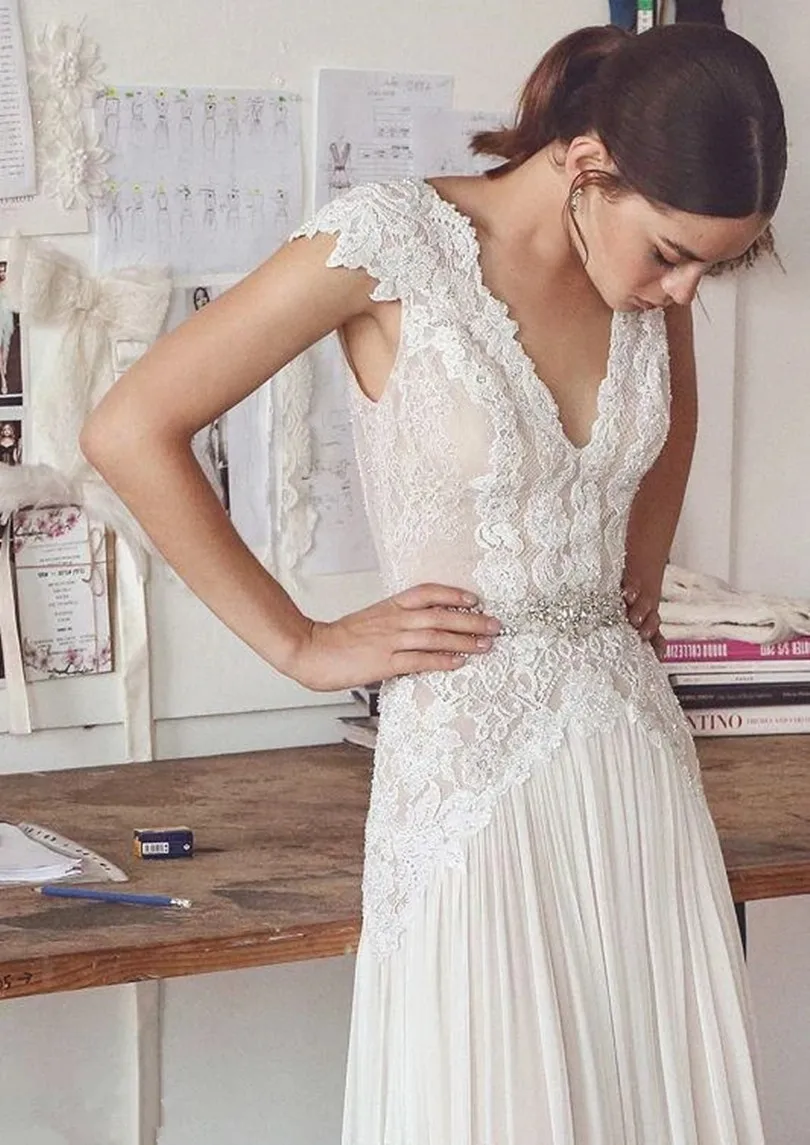 Boho Wedding Dresses 2025 Bohemian Wedding Gowns with Cap Sleeves V Neck Open Back Pleated Skirt Elegant A line Gown Customized 5