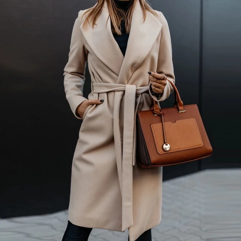 Women Elegant Turn-Down Collar Belt Woolen Coat Autumn Winter Casual Slim Long Coats Office Ladies Solid Long Sleeve Open 2020 new arrival women long sleeve solid overcoat elegant turn down collar warm coat casual winter faux fur thick long outwear