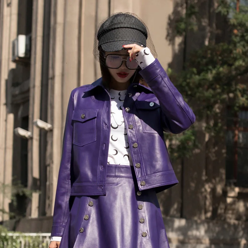 Purple jacket Осенние женские Куртки из натуральной кожи розового и фиолетового цвета,, корейские тонкие короткие пальто из натуральной овчины, Женская Повседневная Уличная одежда - Цвет: Purple jacket