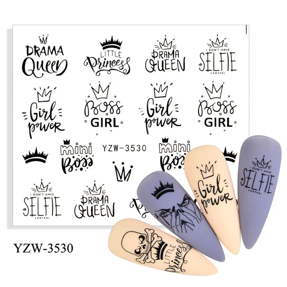 Big Patten Words Nail Stickers For Nails Flower Nail Art Sticker Geometric Black Transfer And Decals Leaf Watermark Nails Decal Nail Stickers