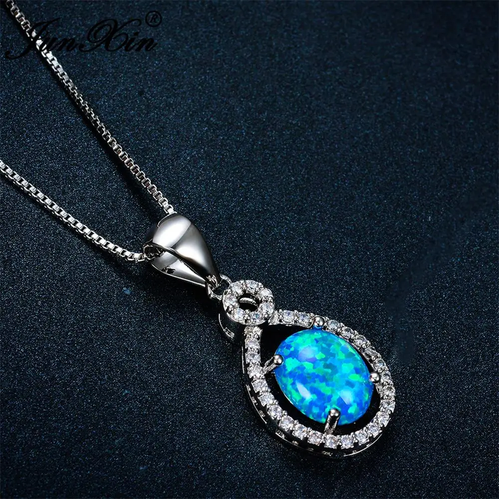 Elegant Female Blue Opal Pendant Necklace Charm Silver Color Chain Necklaces For Women Trendy Bridal Round Wedding | Украшения и