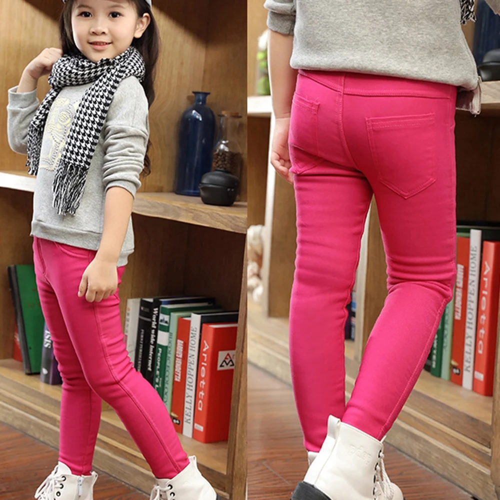 CYSINCOS обтягивающие штаны для девочек джинсы для девочек, зимние штаны из плотного бархата теплые длинные брюки, леггинсы для девочек, джинсы джинсовые узкие брюки для От 3 до 12 лет - Цвет: styleB bright pink