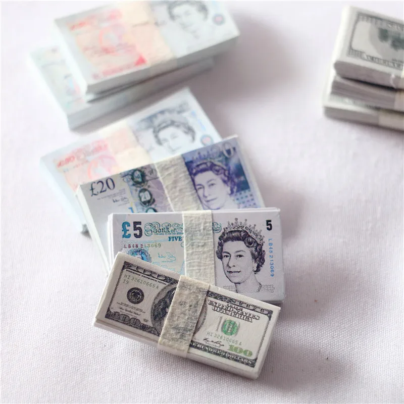 1/6 Dollhouse Accessories Miniature Euro Dollars British Pound Money Banknotes Model Toys Soldier Mini Props for Ob11 Bjd Dolls
