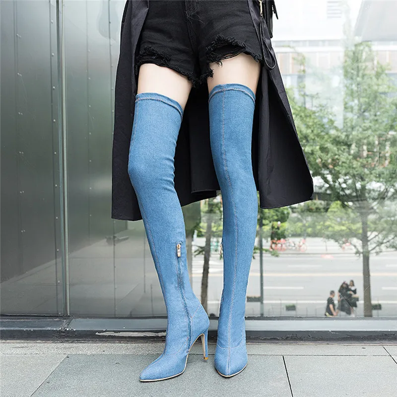 

Botas Over-the-Knee Boots Women Vintage Denim Pointed Toe Thin Heels Boots Autumn Plus Size Botas Mujer Largas 45