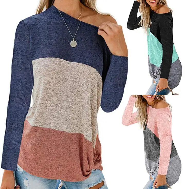 

2020 Autumn And Winter Women's Fashion Long-Sleeved One-Way Neck Top Loose Contrast Color Twisted Casual T-Shirt 6002