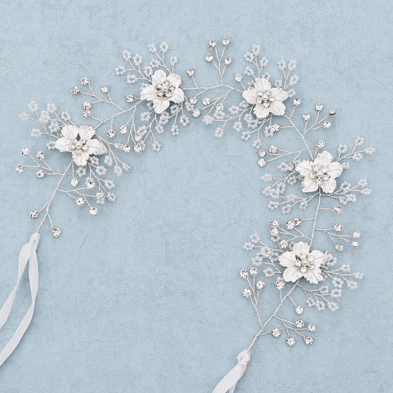 Silver Flower Pearl Headband Bridal Headband Women's Hair Accessories Pearl Rhinestone Headband Wedding Hair Jewelry