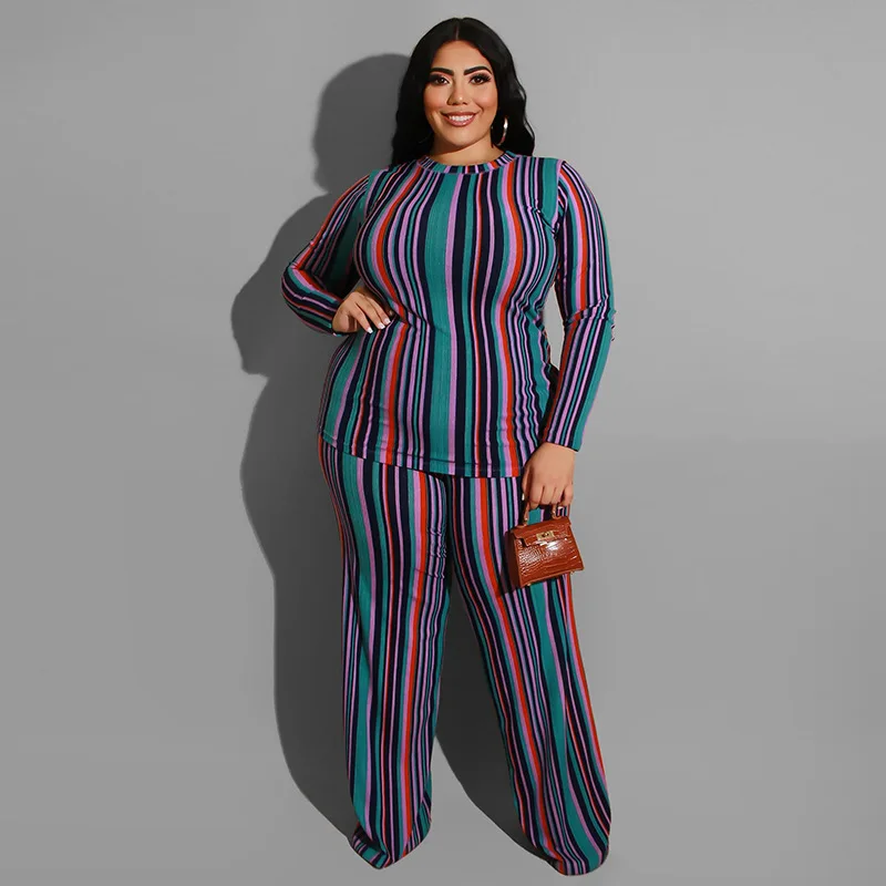 

Plus Size Striped Women Set Autumn Winter Casual Tops And Wide Leg 2 Piece Set Suit Female 2019 Loose Elegant Suit Woman Clothes