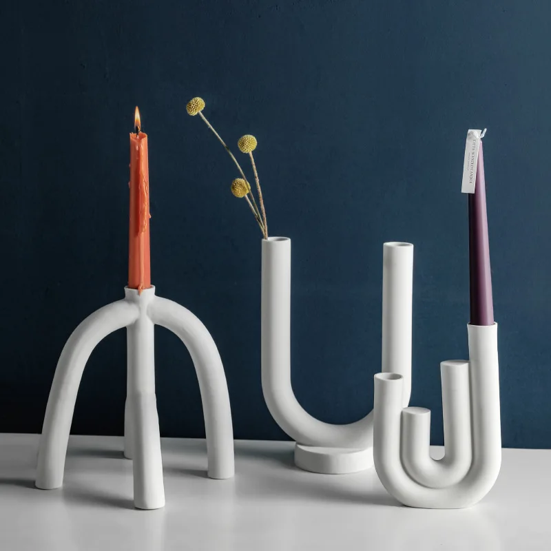 

Nordic Scandinavian Style White Ceramic Candlestick Pipe U Shape Candle Holders Modern Candle Stand Home Decor Gift Personality