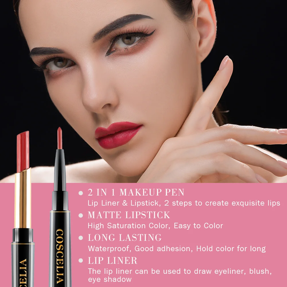 COSCELIA, 5 цветов, стойкий, 2 в 1, карандаш для губ, помада, макияж, водостойкая косметика, карандаш для губ, сексуальные, вечерние, карандаш для губ