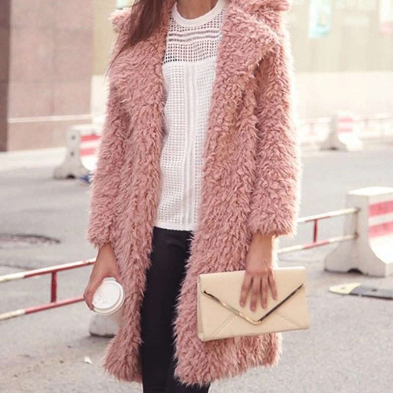 Long Wool Coat Women Coat Outerwear Winter Clothing Fashion Warm Woolen Blends Female Elegant Solid Outerwear Fashion - Цвет: pink