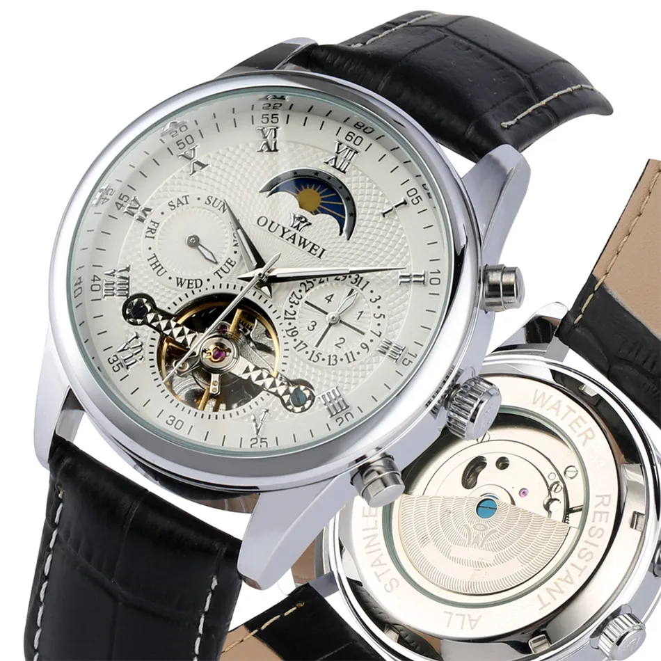 

OUYAWEI Top Luxury Men Mechanical Watches Calendar Display Tourbillon Automatic Clock with Genuine Leather Self Winding Watch