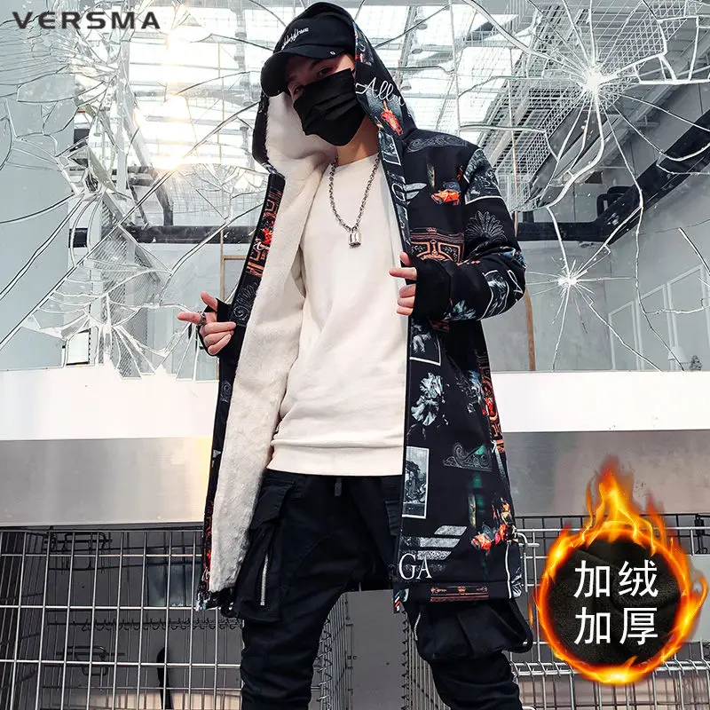 VERSMA Japanese Harajuku Print Vintage Mens Hooded Trench Coat Overcoat Men Hip Hop Winter Gothic Clothing Men 5XL
