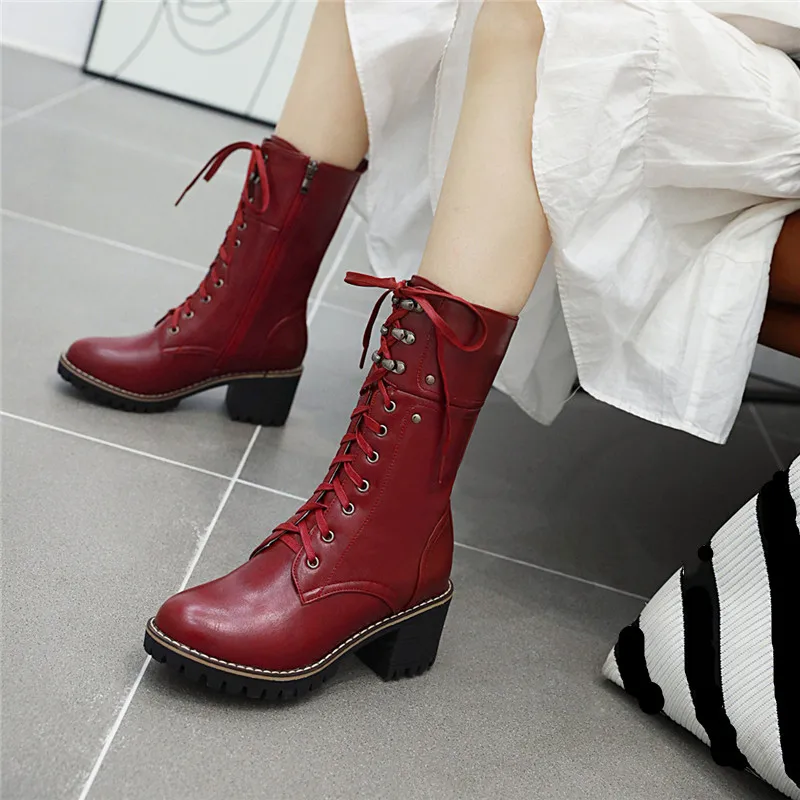 YMECHIC/бордовые, черные, коричневые ботинки на шнуровке Женская обувь в готическом стиле на высоком блочном каблуке байкерские ботинки в байкерском стиле