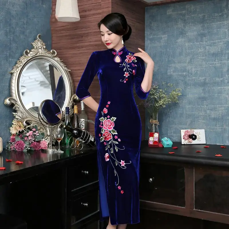 Вышивка Мандарин воротник китайский Qipao платья для женщин футболка с коротким рукавом обтягивающие Vestidos Винтаж Кнопка Cheongsam Плюс Размер 4XL - Цвет: Blue B