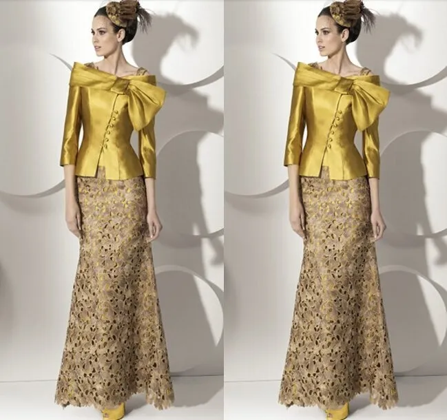 На заказ vestido de festa vestido longo дизайн сексуальное Золотое длинное кружевное платье для матери невесты с жакетом