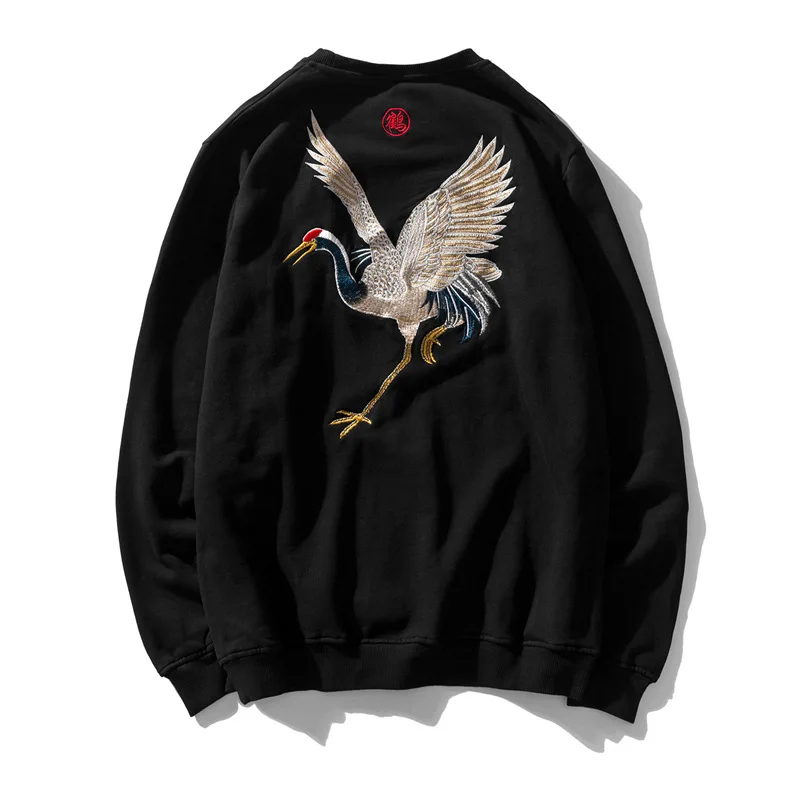 ICPANSPullover Sweatshirts Hoodies Harajuku Hip Hop Casual Streetwear Sweatshirt Tops Men Embroidery Crane Fashion Hoodie - Color: CL0039 black