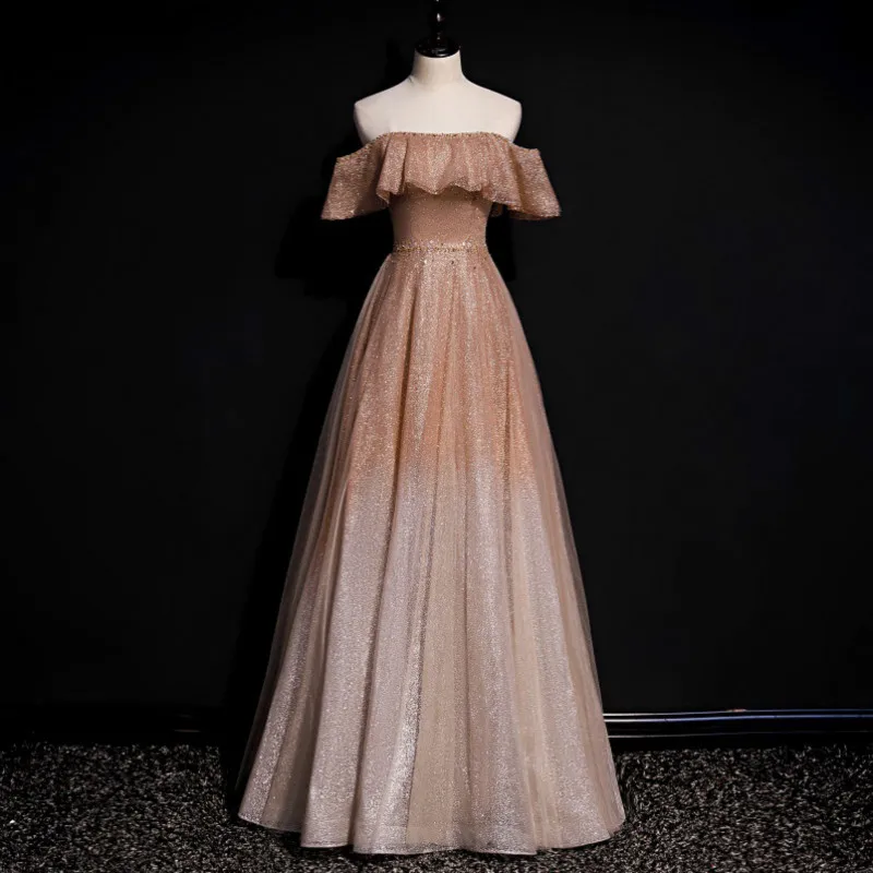 

KAUNISSINA Strapless A-line Prom Dresses Sexy Off the Shoulder Sequied Sparkle Evening Dress Gradient Color Party Gown Prom Gown