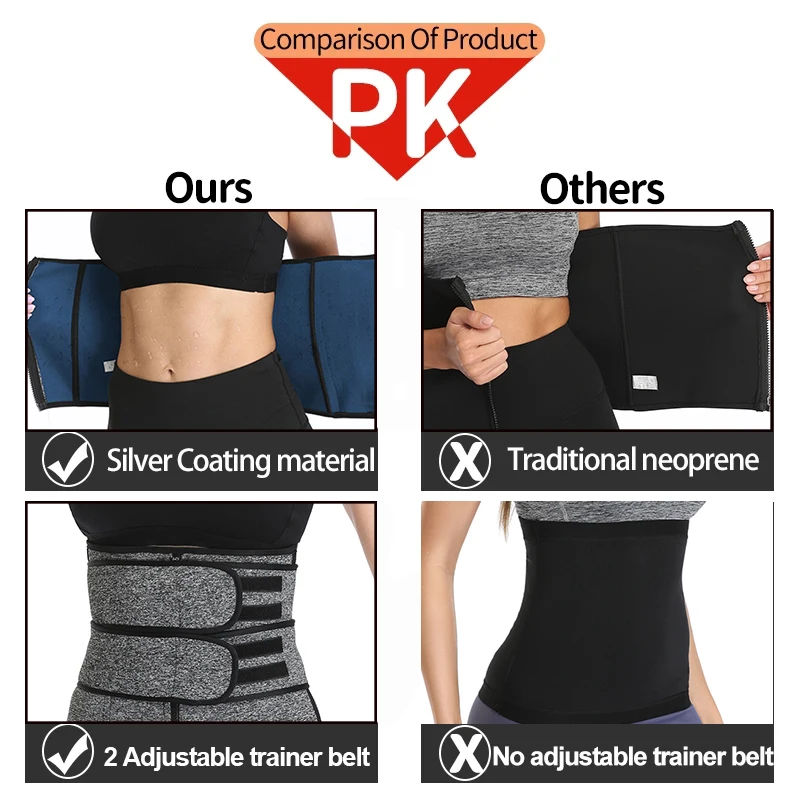 Neoprene Silver Coating Sweat Sauna Waist Trainer Belt Adjustable Workout Body Shaper with Double Strap Zipper Trimmer Women Men