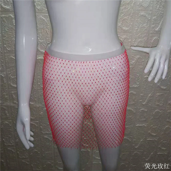 Women Hollow Out Diamonds Skirt Sexy See Through Grid Mini Skirt Summer Beach Cover Up Fashion Patchwork Party Club Skirts - Цвет: Neon Rose Red