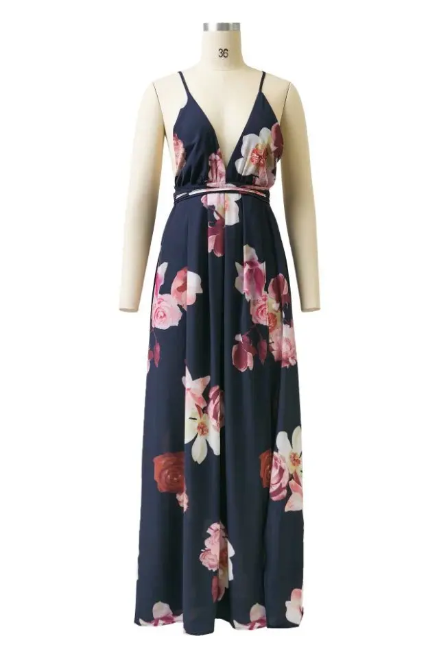 

2019 Summer Wear New Style Europe And America Women's Classic Flowers Print Printed Elegant Elegant Backless Strapped Dress