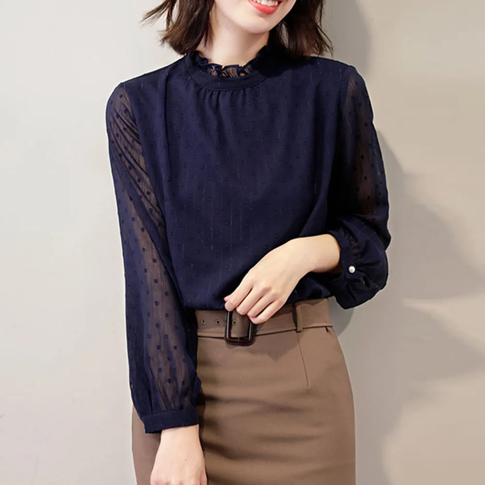 

Women Long Sleeve Shirt Chiffon Blusa Elegant Japan Style Mesh Female Tops Blusa O Neck Female Tops And Shirts Women