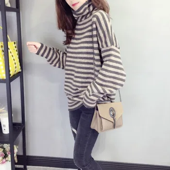 

Autumn Winter Korean Loose Casual Women's Knit Pullover Fashion Turtleneck Striped Print Sweater