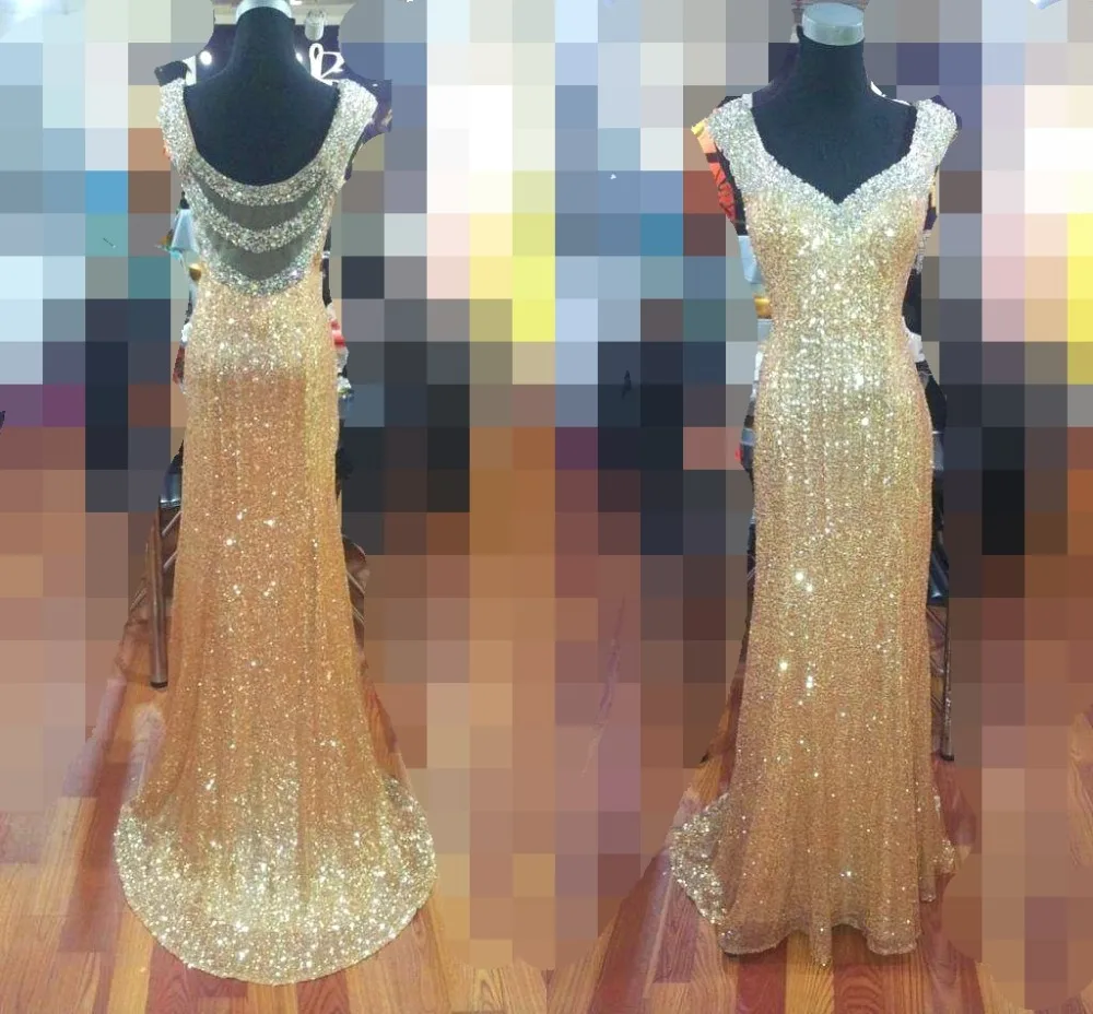 

Sheer Back Gold Sequined Mermaid Prom Dresses 2019 Long Sexy Evening Dress Dazzling Crystal Formal Party Gowns Real Pic