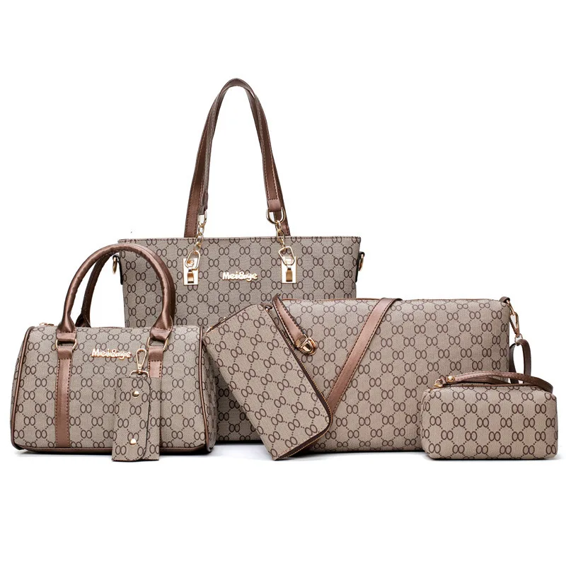 6PCS Women Tote Set Fashion PU Leather Ladies Handbag 8 words Print Messenger Shoulder Bag Wallet Bags Famous brand 2020