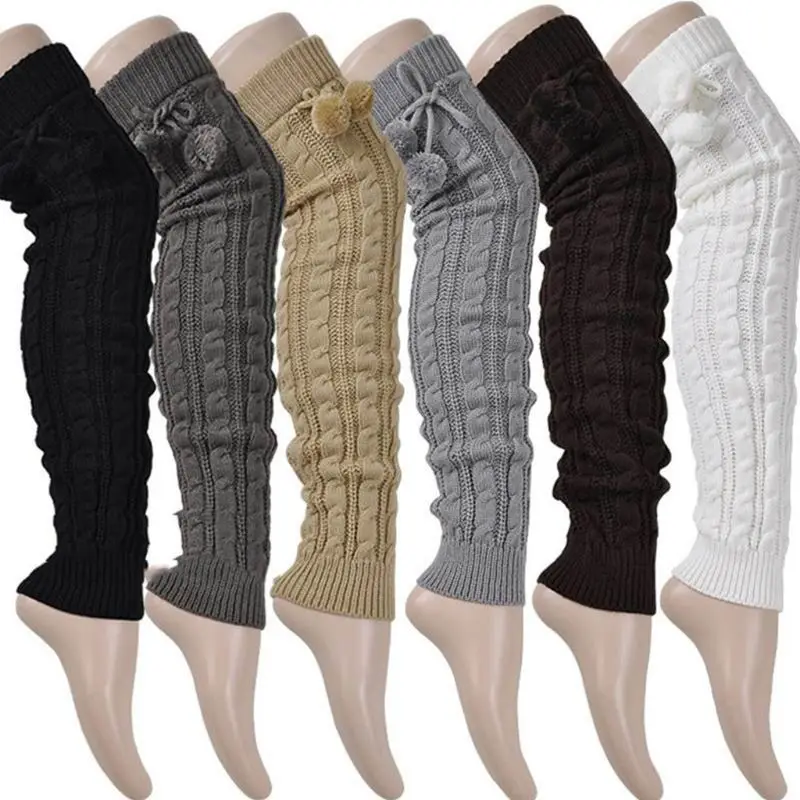 Женские зимние вязаные гетры до бедра с плетеным плетением для девочек; однотонные теплые сапоги «кроше»; носки с манжетами и помпонами