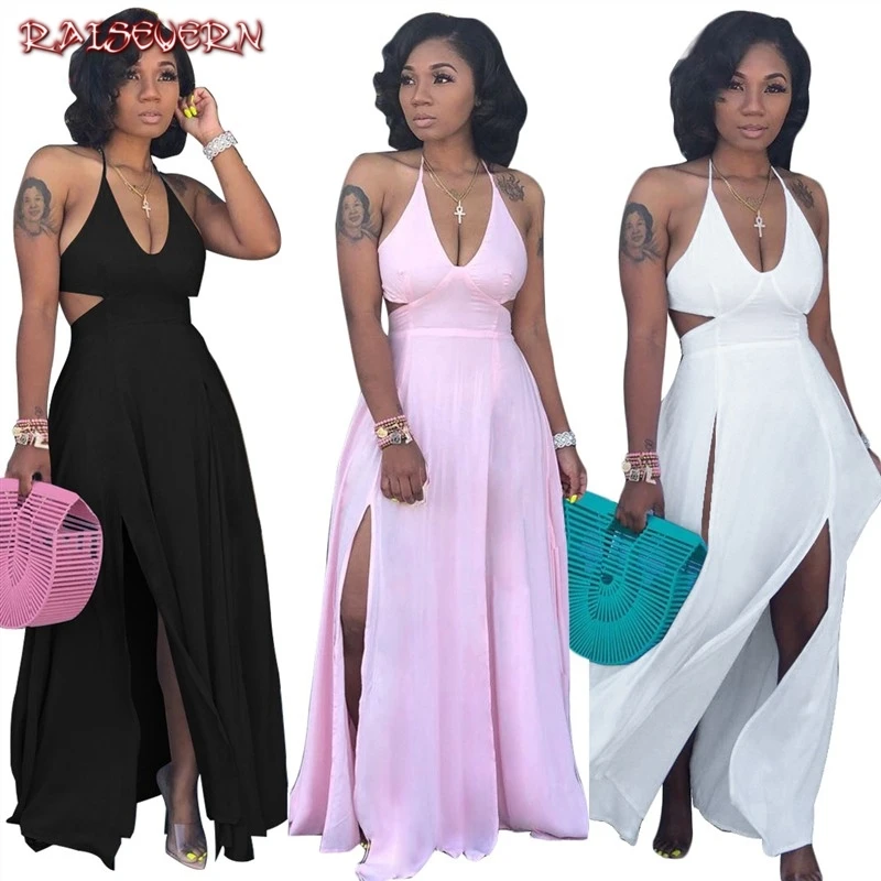 

Summer Long Dress Women Sexy Evening Party V Neck Beach Maxi Dresses Boho Backness Fashion Halter Split Sundress 2019