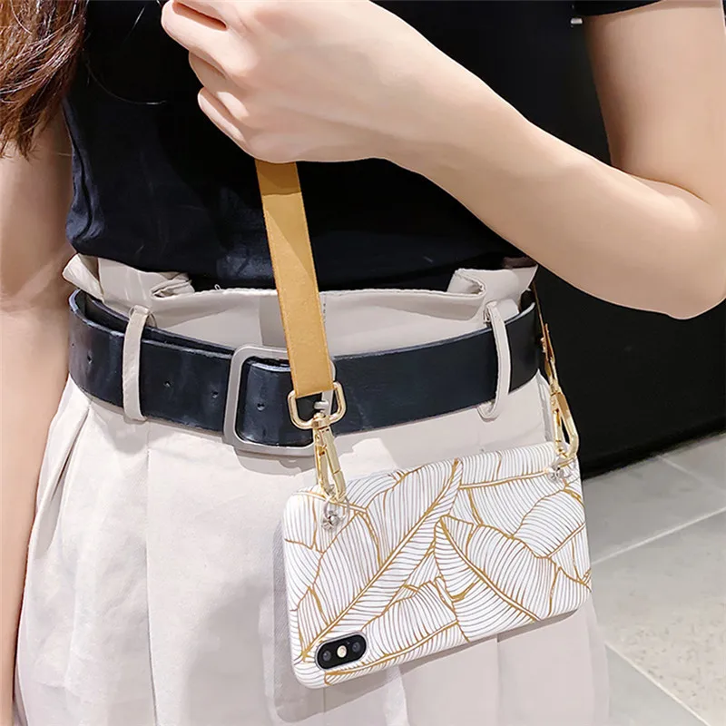 strap phone bag case Для iphone 11 pro max 7 8 6 6s plus XS MAX XR X Чехол модные розовые листья плечевой ремень Мягкий силиконовый чехол для телефона fudna - Цвет: strap phone bag case