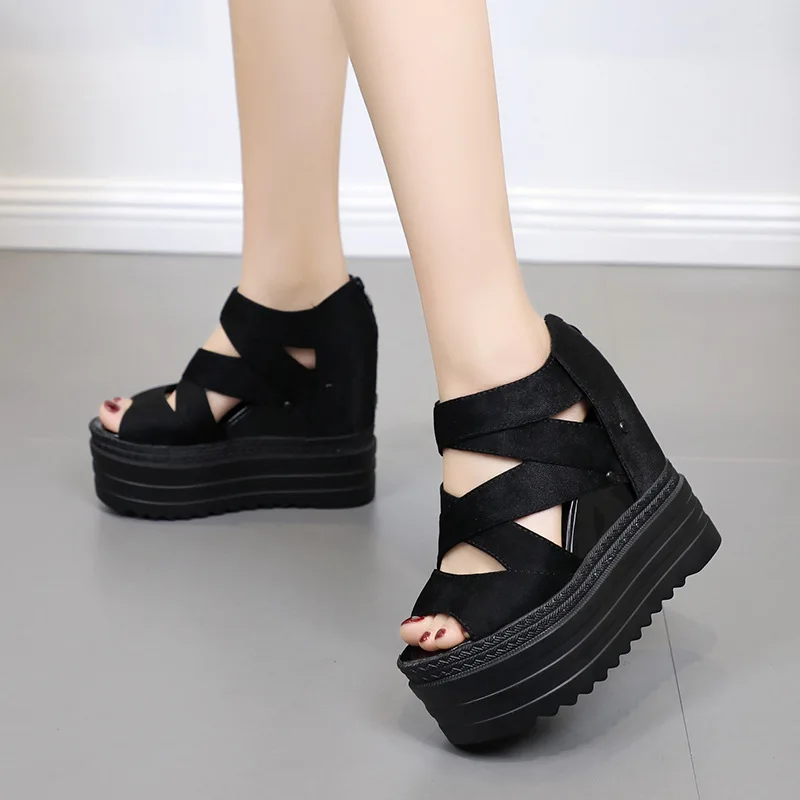

New Style Platform Suede after Zipper Rome Sandals Women's Slanted Heel Cross Straps Ultra-High-Heel Fish Mouth WOMEN'S Shoes