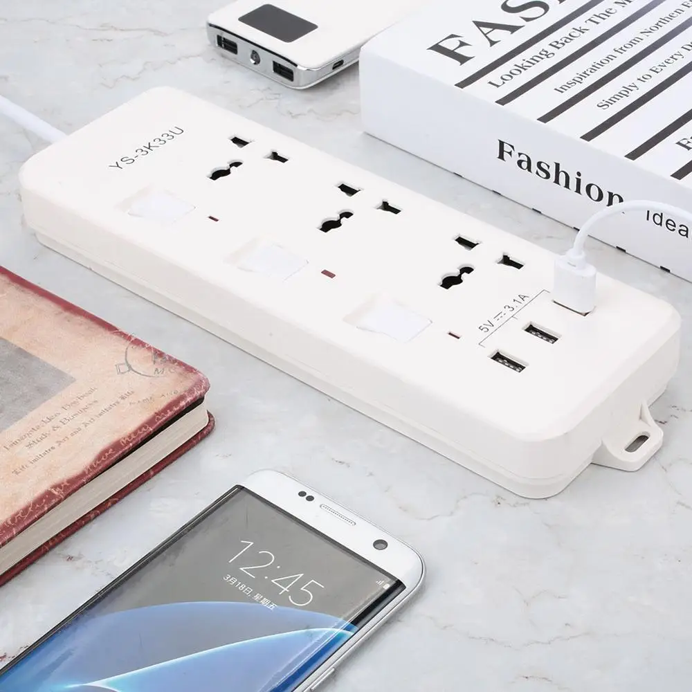 US plug white Удлинитель для путешествий с 3 usb-разъемами, консоль, сетевое зарядное устройство 2500 Вт, 2 м, 10А, розетка, тонкая пластина, Электрический дом - Комплект: US plug white