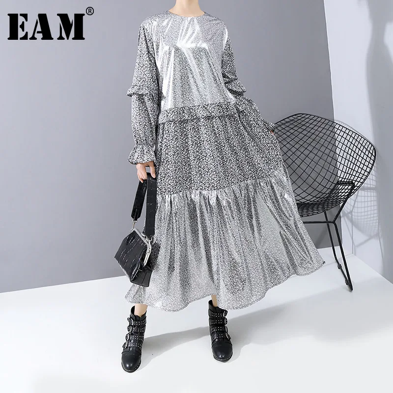 

[EAM] Women Pattern Print Ruffles Split Midi Dress New Round Neck Long Sleeve Loose Fit Fashion Tide Spring Autumn 2020 1N247