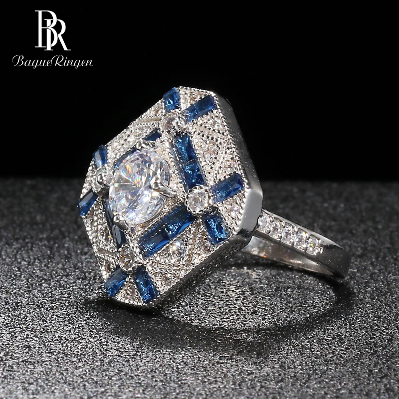 Bague Ringen, геометрическое серебро 925, Ювелирное кольцо с камнями для женщин, Круглый Циркон, прямоугольник, сапфир, женский подарок, вечерние аксессуары