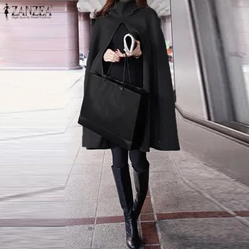 

Plus Size Cloak Coats Women's Turtleneck Ponchos 2020 ZANZEA Vintage Fashion Split Solid Outerwears Female Hooded Cape Overcoat