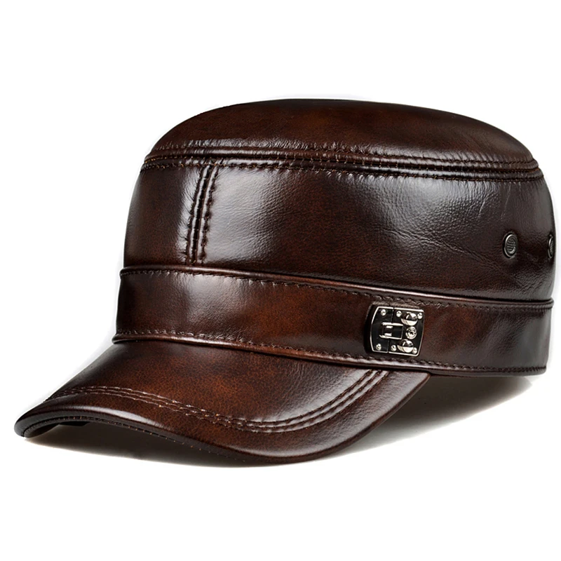

Fashion Unisex Real Leather Military caps Spring Autumn Sailor Hats for Women Men Black Flat Top Captain Cap Travel Cadet Hat