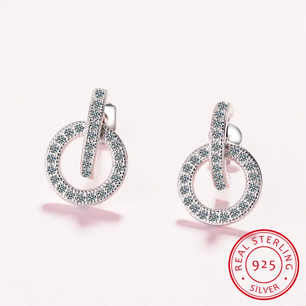 

Solid 925 Sterling Silver CZ Stud Earrings For Women Jewelry Classic Double Circle Earrings Cubic Zirconia Ear Piercing