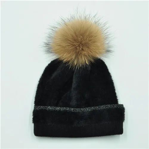 Вязаные шапки из искусственного меха норки, женские зимние теплые шапки, модные шапочки, повседневная женская шапка, высокое качество, натуральный мех, помпон, зимняя шапка - Цвет: Black natural fur