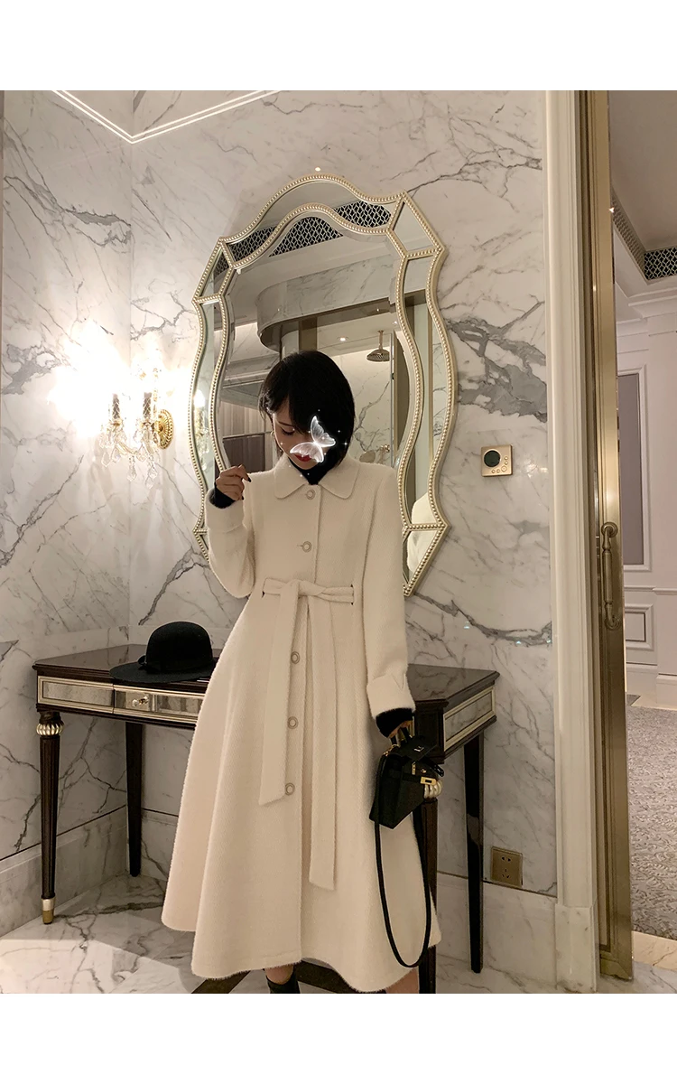 Модное Элегантное длинное шерстяное пальто, хорошее качество, роскошное осенне-зимнее Бандажное Женское пальто с длинным рукавом, Дамское пальто