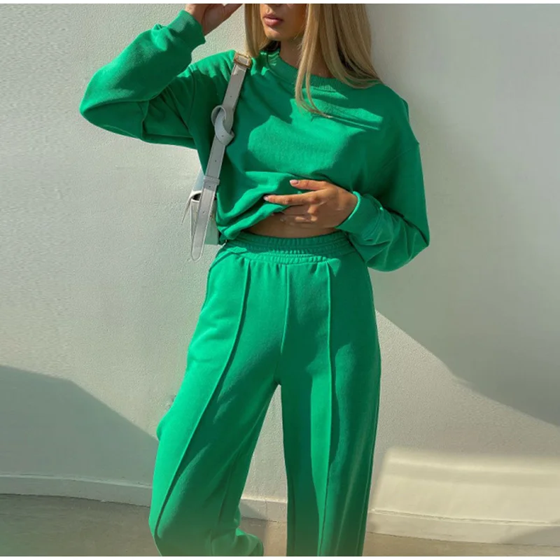plus size pants suits evening wear Women Casual Solid Tracksuit Loose Long Sleeve Pullover Sweatshirt And Elastic Wide Leg Pant Two Pieces Set Fashion Female Suits blazer pants set